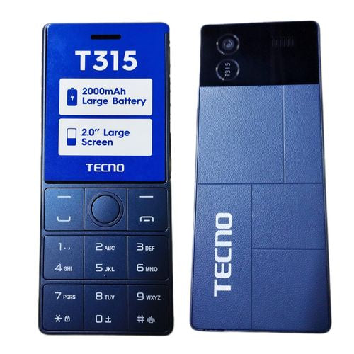TECNO T315 feature phone displayed from two angles, front and side, highlighting its 2.4 inch screen, dual SIM slots, and 2500mAh battery.